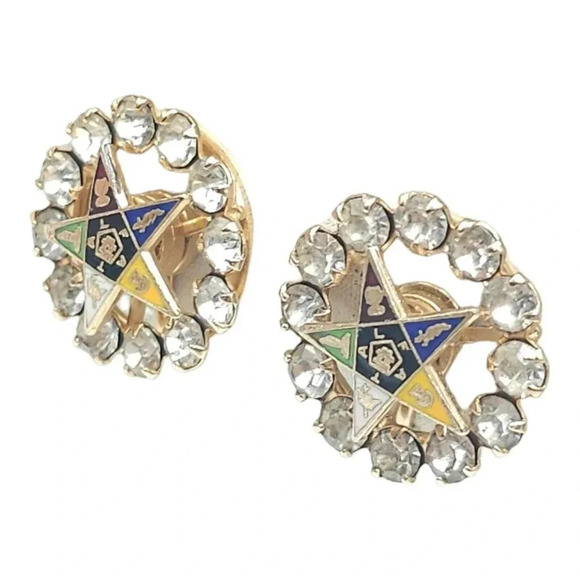 Rhinestone Enamel Order Of The Eastern Star Masonic Fraternal Earrings Vintage B - Picture 3 of 5